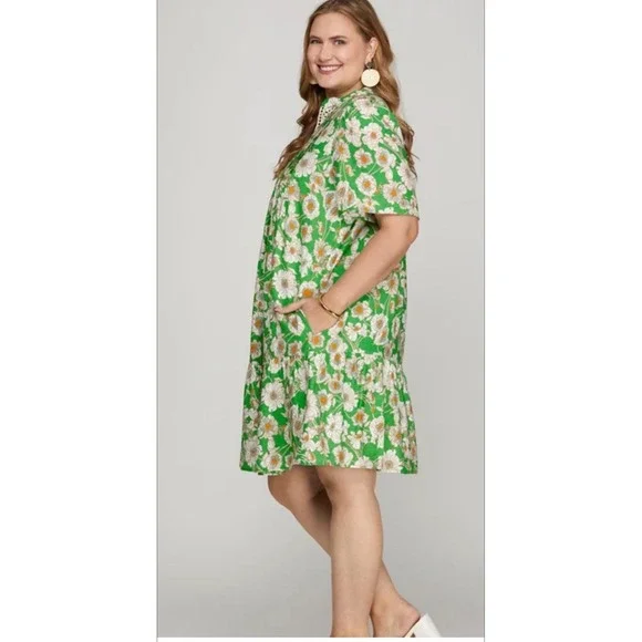 SHE + SKY Green Floral Split Neck Swing Dress 2XL Crochet trim dopamine dressing - Picture 2 of 16
